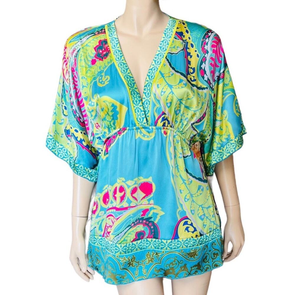Hale Bob Turquoise Lime and Hot Pink Paisley V-Neck Tunic